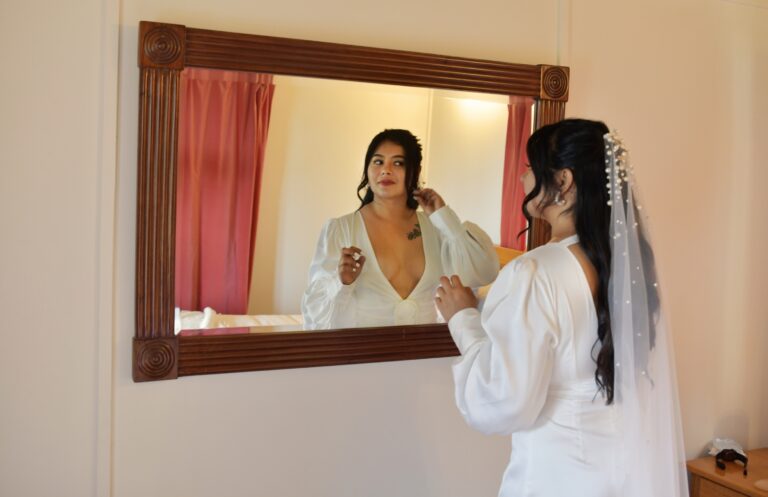 Reverse mirror shot of beautiful bride